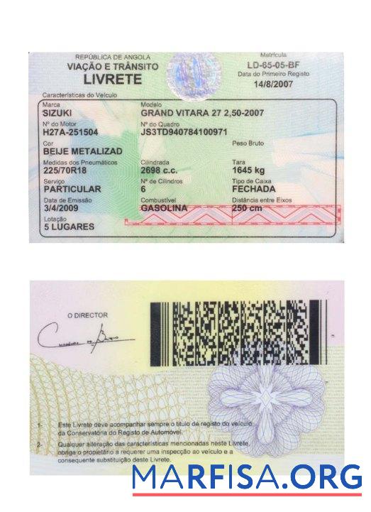 Printable Angola vehicle registration card example